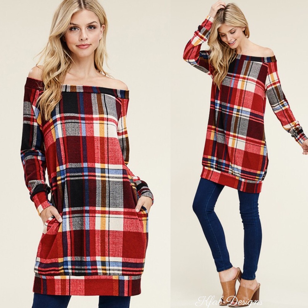 ❤️LAST ONE! Off Shoulder Plaid Tunic w/Side Pockets! - Picture 2 of 7